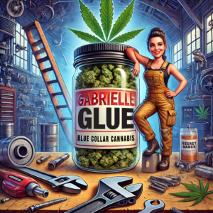 bold flavors and potent effects. GABRIELLE-GLUE with Gabrielle standing next to a large jar of cannabis.