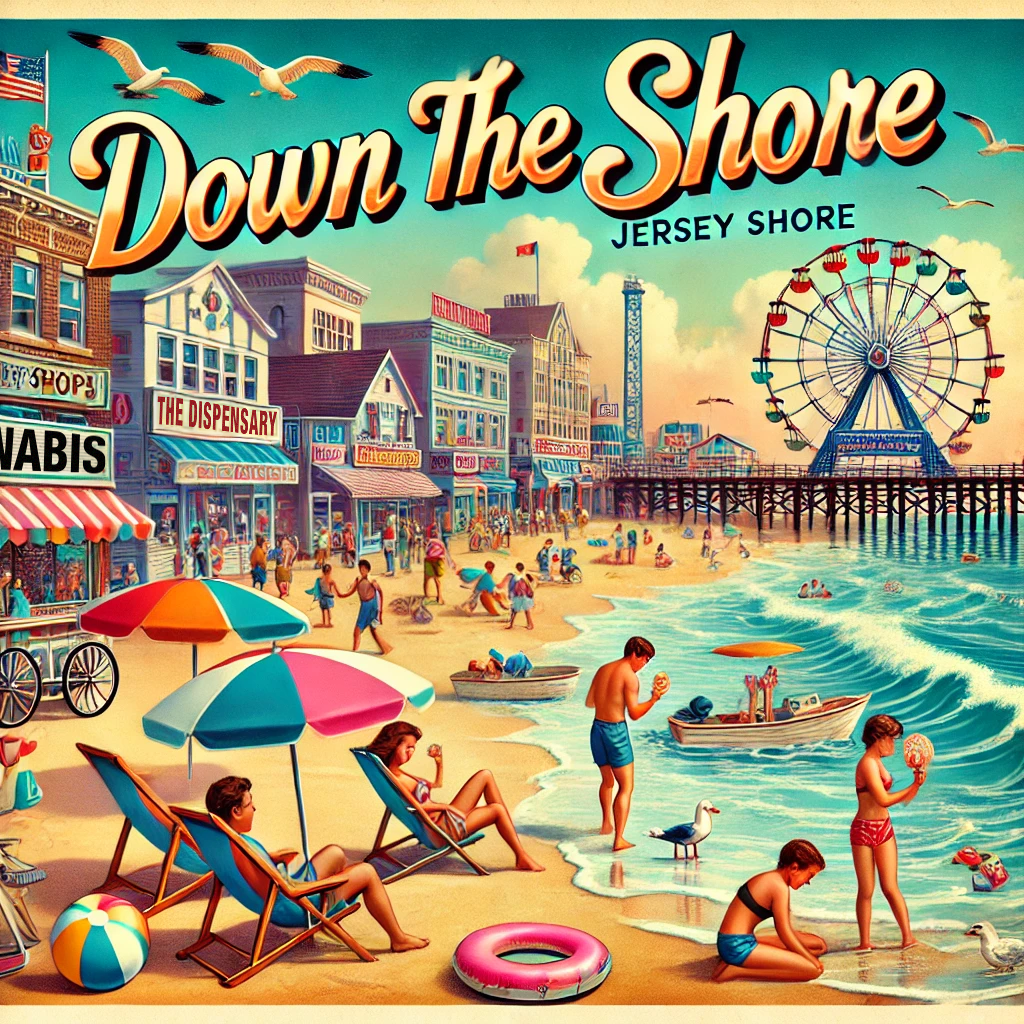 Bring the boardwalk vibes with every puff of Down the Shore. Illustration of the New Jersey beach.